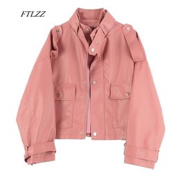 FTLZZ Women Loose Pu Jacket Faux Soft Leather Epaulette Zipper Biker Overcoat Spring Faux Leather Pink Black Street Short Outwear 201030