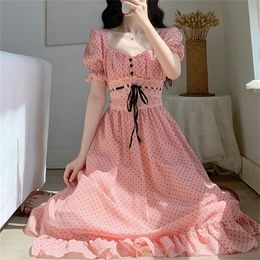 Summer Short Sleeve Beach Dress Women Elegant Vintage Dot Midi Female Square Collar Party Korean Chic 220426