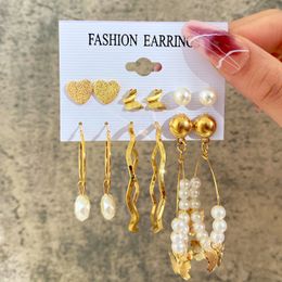 6 Pairs Women Vintage dangle geometric pearl Earrings Set Creative Simple Butterfly ear studs Jewellery