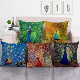 Cushion/Decorative Pillow Graceful Peacock Print Linen Cushions Case Multicolors Hand Painted Decorative Pillows Sofa Couch Throw PillowsCus