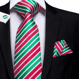 Bow Ties Hi-Tie Green Red Striped 100% Silk Men's Tie Set 8.5cm Wedding For Men Design Hanky Cufflinks Quality NecktieBow