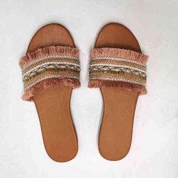 Slippers Plus Size 42 43 Summer Women Rome Style Outside Beach Shoes Flat with Weaving Slides Mules Sandals 220530