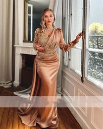 Luxus Dubai Champagner Perlen Kristalle Meerjungfrau Abendkleider Perlen Langarm Muslimischen Plus Größe Party Kleider Robes De Soiree