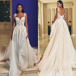 Spaghetti Straps A-Line Wedding Dresses Gowns Lace Tulle Sleeveless Strapless Sweetheart Backless Appliques Sequins Plus Size Bridal Gowns robe custom made