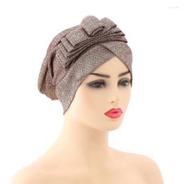 Beanie/Skull Caps Muslim Fashion Headtie African Turban Cap Shiny Bowknots Bonnets Ready Female Head Wraps Headwear Hijab Hats Arab Oliv22