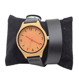 -Armbanduhren Bambusuhr für Relogio Feminino mit schwarzen langen Lederriemen Geburtstagsgeschenke in der Idee Papierkiste