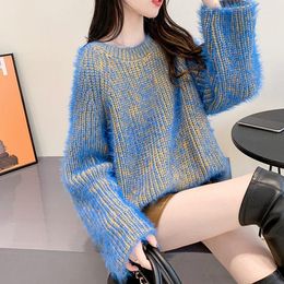 Women's Sweaters Mohair Sweater Women Solid Blue O-neck Pullover 2022 Jumper Knitted Top Harajuku Split Loose Chic