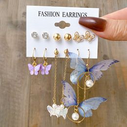 Women Fashion dangle Butterfly Earrings Feather Round Tassel Asymmetric Acrylic Pearl Earrings Set Jewellery