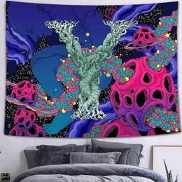 Psychedelic Forest Castle Tapestry Trippy Mandala Art Wall Rugs For Living Room Moon Lion Home Dorm Decor J220804