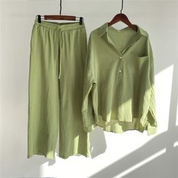 Two Piece Set Women Cotton Shorts Sets Vintage Boho Oversized Shirt High Waist Loose Pants Mujer Sets 220621
