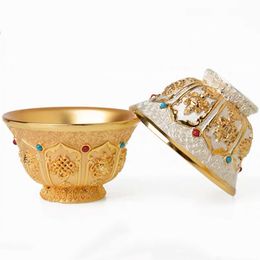 1pcs Buddha Bowl Inlaid Gem Handicraft Alloy Tibetan Holy Water Cup Tantric Buddhist Bowl Home's Gift Collection Decorative