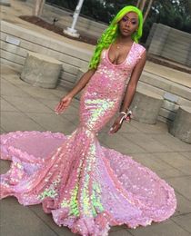 Sparkly Pink Long Prom Dress 2022 For Black Girls Sequined Evening Gowns Mermaid Graduation Dresses Robe De Bal