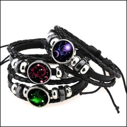 Charm Bracelets Jewellery European American Hand-Woven 12 Constellation Leather Bracelet Best Selling Beaded Retro Diy Punk Designer Drop Deli