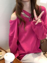 Women's Hoodies & Sweatshirts Deeptown Y2K Korean Style Pink Women Sexy Off Shoulder Green Loose Hollow Out All-match Crewneck Tops E-girlWo