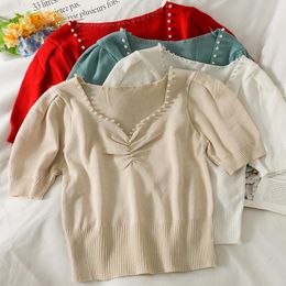 Women's Tanks & Camis Women Office Lady Blouse With Pearl Beads Princess V Neck Short Sleeve England Style Knitting Tops Solid Color Ruch Fr