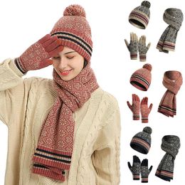 Berets Women Fashion Winter Warm Vintage Pattern Acrylic Knitted Woollen Hat Scarf Gloves Set Street Wear 2022Berets