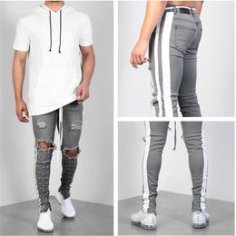 Fashion Streetwear Men s Jeans Gray Skinny male Ripped Jeans Side Taped Homme Hip Hop denim pants 201123