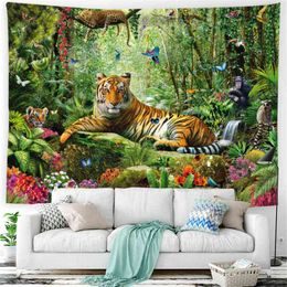 Psychedelic Forest Hanging Wall Rugs Animals Tiger Trippy Tapiz Hippie Boho Decor Dorm Wall Carpet Sofa Blanket Tablecloth J220804