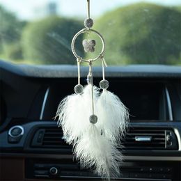 Interior Decorations Car Pendant Feather Round Bells Auto Rearview Mirror Hanging Ornament Bling Pink Decoration Assessoires For Girl GiftsI