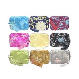 9x12 cm Custom Cotton Filled Small Zipper Gift Bags for Jewellery Packaging Chinese Silk Brocade Zip Pouch Watch Bracelet Storage Bag Party Favours 100pcs/lot