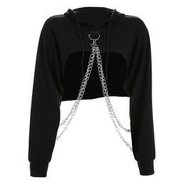 Rapwriter Punk Metal Chain Patchwork Solid Long Sleeve Hoodies Sweatshirts Women Autumn Black Hip Hop Harajuku Crop Top 201203