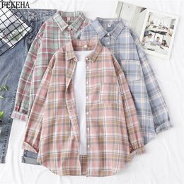 Women Blouses And Shirt Casual Plaid Shirts Loose Boyfriend Style 100 Cotton Ladies Tops Outwear Oversized LJ200812