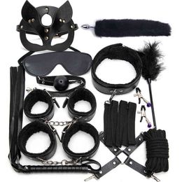 NXY Adult Toys Blacak Wolf Exotic Sex Products For Adults Games Bed Bondage Set BDSM Kits Handcuffs Whip Gag Tail Plug Women Couples 1201