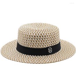 Wide Brim Hats M Letter Round Flat Top Straw Beach Hat Lady Boater Sun Caps Panama Fedora Women's Travel Cap Scot22