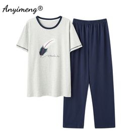 Plus Size Pyjamas 3xl 4xl Sleepwear Short Sleeved Long Pants Cotton Homewear Leisure Pyjamas Plaid Men Summer Nightwear 220426