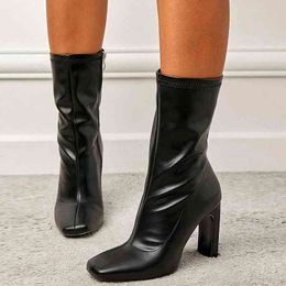 AOSPHIRAYLIAN Zipper Square Toe Women's Modern Boots Shoes High Heels Elegant Office Lady Dress Mid Calf Boots Y220729