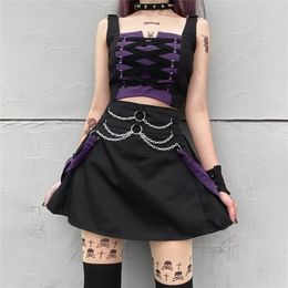 Two Piece Sets Women Summer Gothic Club Sexy Skirts Set Sleeveless Bandage Crop Tops Chain Aline Skirt 2Pcs Sets Female 220602