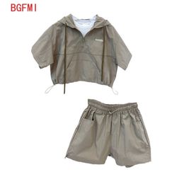 Kids Children Clothing Summer clothes Baby Boy Suit Shortsleeved fake twopiece hoodie shorts 2 pcs set With drawstring 220615