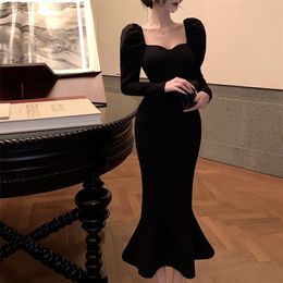 Elegant Mermaid Black Long Dres Korean Vintage Gothic Evening Party Dress Autumn Casual Hepburn Slim 220402