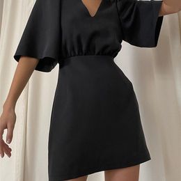 Luxury black short sleeve summer women dress Sexy V-neck solid High Street Elegant A-line ladies mini Vestido 220402