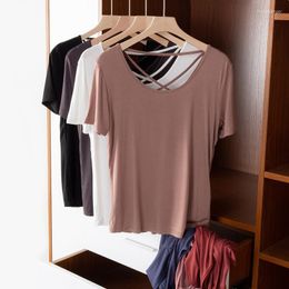 Women's T Shirts Summer Women Fashion Back Hollow Out Cross Casual Basic T-shirt Tops Lady Solid Colour Short Sleeve Modal Tee S76Women's
