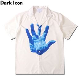 Dark Icon Hand Printed Hawaiian Shirt Men Summer White Polo Shirt Street Fashion Shirts for Man 220401