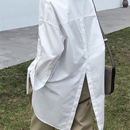 Summer Fashion Shirt White Tunics Women Long Sleeve Blouse Lapel Casual Solid Button Asymmetrical Tops Party Blusas W220321