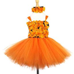 Girls Orange Flower Petals Tutu Dress Kids Black Crochet Ballet Tulle Dress with Headband Children Halloween Party Costume Dress G220428