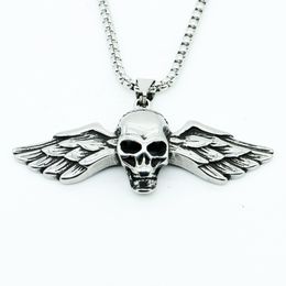 Retro silver antique black stainless steel men's skull head pendants jewel titanium steel angle wing cross pendant jewellery with necklace