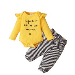 Clothing Sets Born Outfits 2022 Spring Yellow Letter Printed Long Sleeved Rompers Pants Headbands 3PCS Baby Girls Infant ClothingClothing