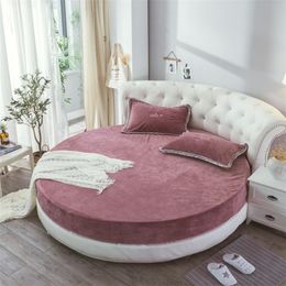 Winter Round Coral Fleece Fitted Bed Sheet Solid Color Velvet Bedspread Round Diameter 200cm-220cm Flannel Sheet Mattress Cover T200901