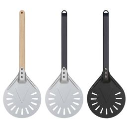 Pizza Turning small Peel Paddle Short round Tool Non Slip wooden Handle 7 8 9 inch Perforated Shovel Aluminum 220809