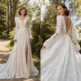 A Line Wedding Dresses for Women 2022 Boho Bridal Gowns Lace Long Sleeved Open Back Side Split Robe de Mariage