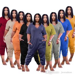 Women Plus Size Jumpsuits Designers Clothes Fashion Short Sleeve Rompers V Neck Long Onesies Sportswear With Pockets 5XL