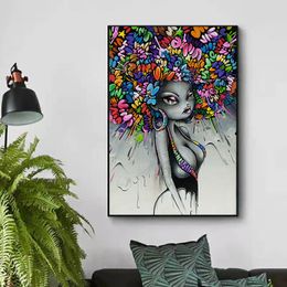 Colorful Abstract Girl Canvas Painting Street Graffiti Art Posters and Prints Modern Pop Wall Art Picture For Living Room Decor