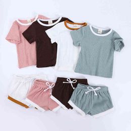 Toddler Baby Boys Girls Summer Clothing Suit Newborn Kids Baby Girls Ribbed Knitted Short Sleeve T-shirts+Shorts Tracksuits Sets G220509