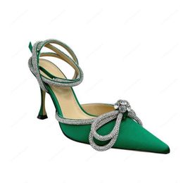 Mach Mach Luxury Heels High Heeled Designer Sandals Womens Satin Bow Dress Shoes Crystal Embellished Rhinestone Stiletto Green Heel Ankle Strap Evening Shoe Top Qua
