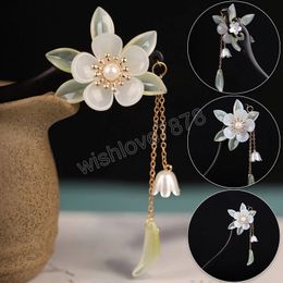 Handmade Flower Hairpins Vintage Wood Chinese Long Tassel Hair Stick Pins For Women Hair Ornaments Head Jewellery