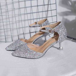 sier pumps high heels women wedding shoes for bride party shoes bling pumps women shoes pointed toe stiletto heels gold G220425