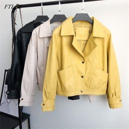 Ladies Motorcycle Leather Coat Spring Autumn Loose Single Breasted Faux Leather Jacket Women Streetwear Yellow Outwear Femme 220815